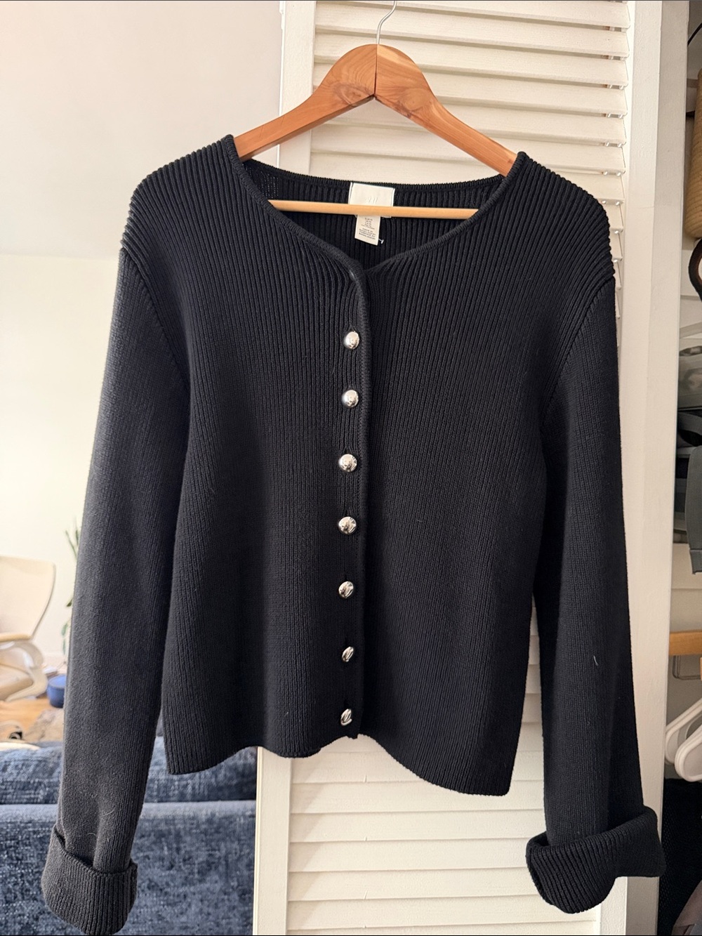 H&M Black Ribbed Button-Front Cardigan with Silver Buttons